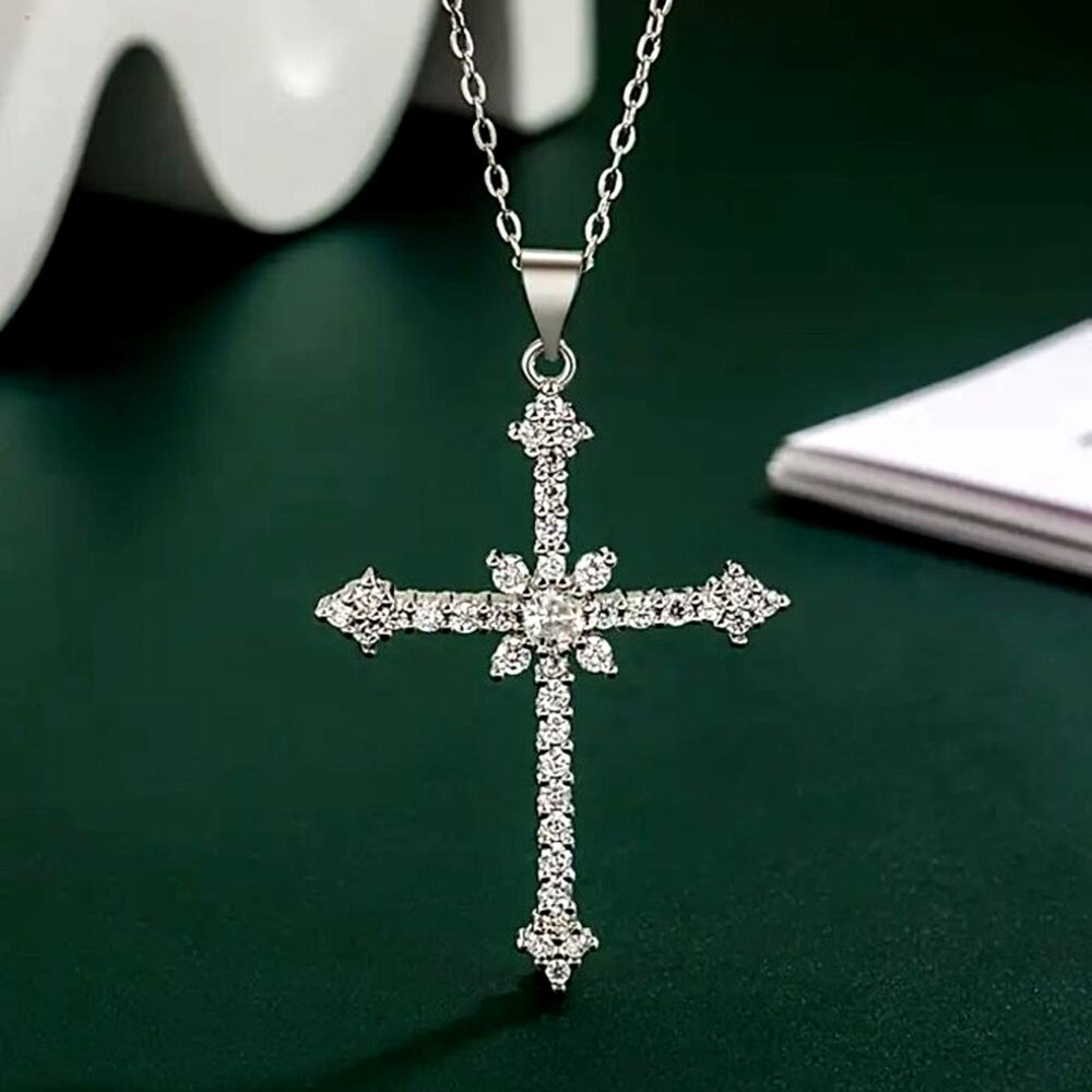 925 Serling Silver Necklace w/ CZ Cross & Star Woman's Valentine's Birthday Gift